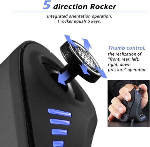 zelotes Mouse ergonômico para jogos com joystick, 10.000 DPI (6 níveis ajustáveis), 11 botões programáveis, iluminação RGB, mouse vertical com fio óptico USB para escritório/jogos/laptop/PC (preto) - Imagem 2