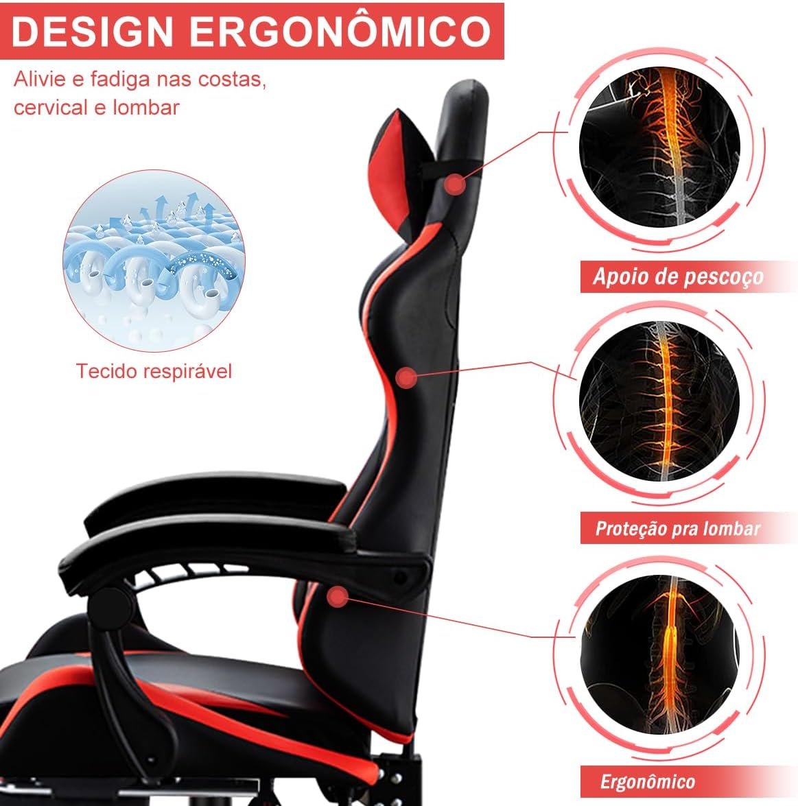 Belle&Zen Cadeira Gamer Ergonomica Vermelha com Design Ergonômico, Giro de 360 Graus, Material Premium, Adequada para Trabalho, Estudo e Jogos - Imagem 5