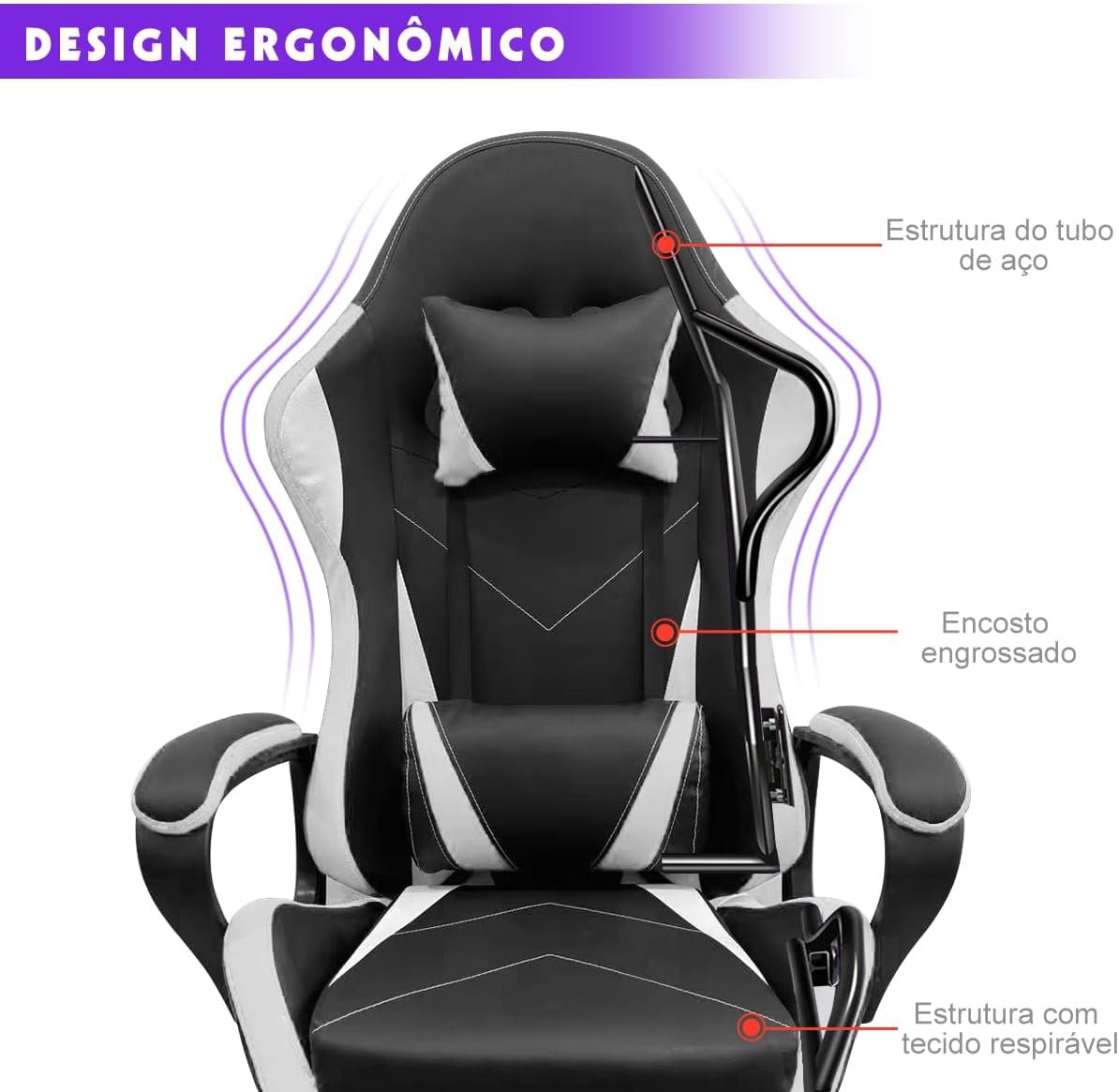 Cadeira de jogos com encosto alto, apoios de braços fixos em quatro pontos, altura ajustável (Branco) - Imagem 3