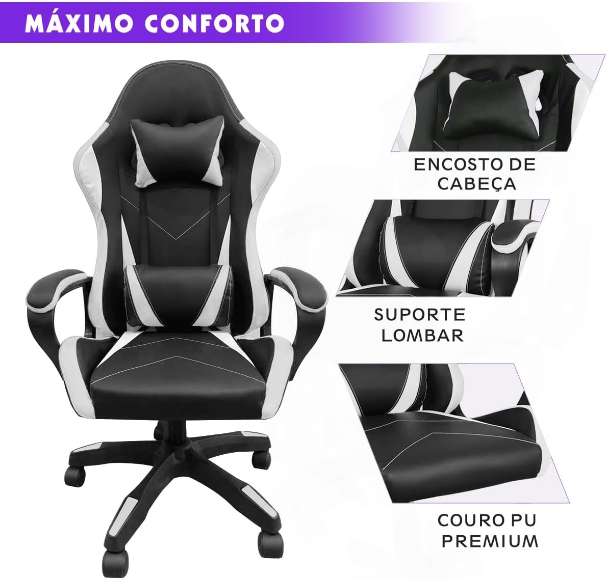 Cadeira de jogos com encosto alto, apoios de braços fixos em quatro pontos, altura ajustável (Branco) - Imagem 4