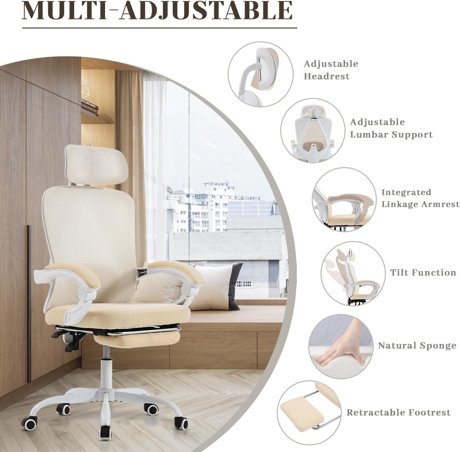 Cadeira de escritório ergonômica com apoio para os pés retrátil, capacidade de 181 kg, apoio de braço sincronizado, malha respirável, suporte lombar ajustável - Imagem 3