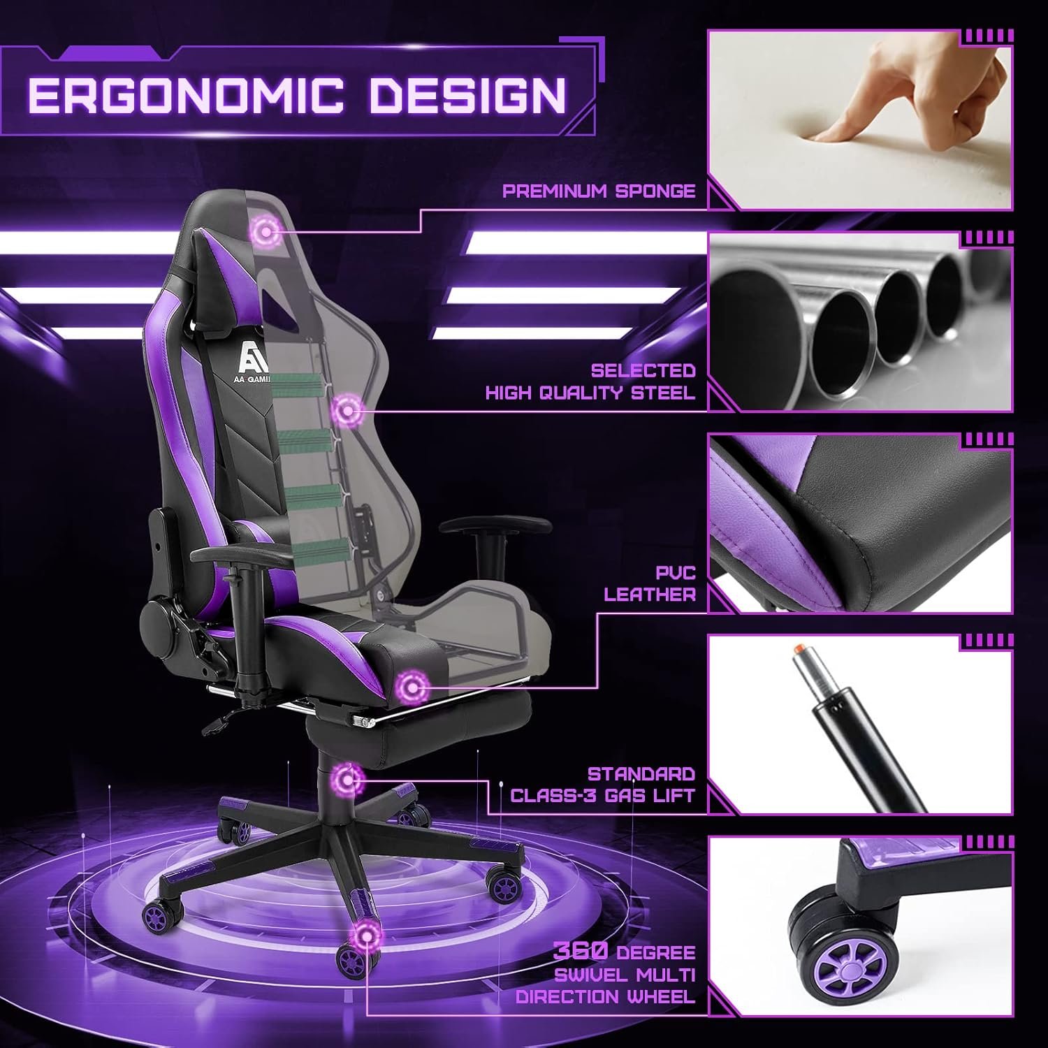 Cadeira de jogos com encosto alto ergonômica cadeira de corrida de computador ajustável com apoio para os pés, cadeira giratória de suporte lombar - versão atualizada preto-roxo - Imagem 5