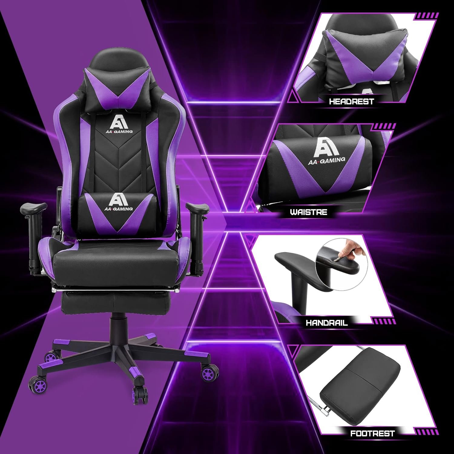 Cadeira de jogos com encosto alto ergonômica cadeira de corrida de computador ajustável com apoio para os pés, cadeira giratória de suporte lombar - versão atualizada preto-roxo - Imagem 6