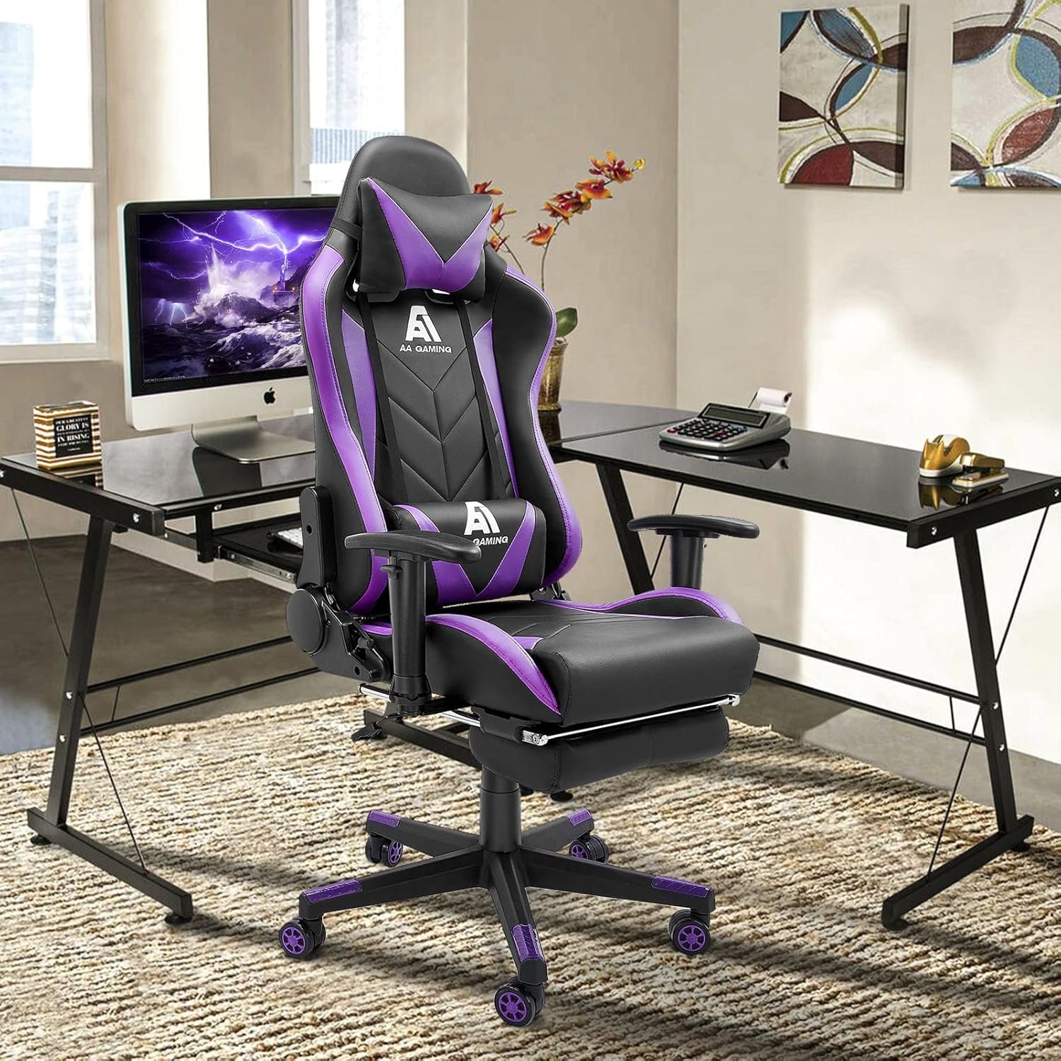 Cadeira de jogos com encosto alto ergonômica cadeira de corrida de computador ajustável com apoio para os pés, cadeira giratória de suporte lombar - versão atualizada preto-roxo - Imagem 7