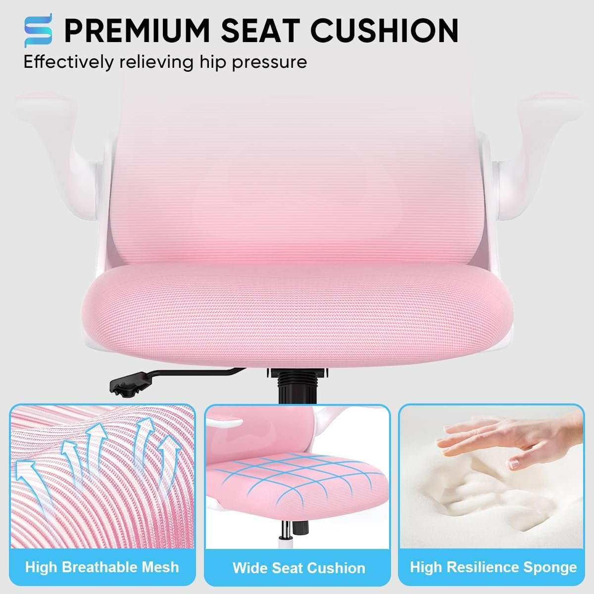 Sytas Cadeira de escritório em casa ergonômica, cadeira de mesa de malha suporte lombar, cadeira ergonômica de computador apoio de braço ajustável (rosa) - Imagem 4