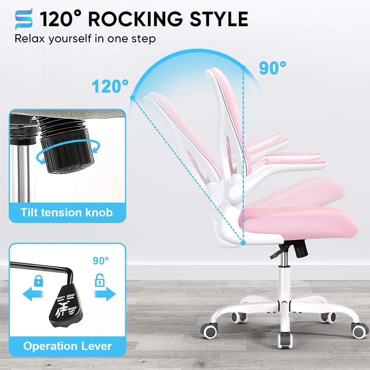Sytas Cadeira de escritório em casa ergonômica, cadeira de mesa de malha suporte lombar, cadeira ergonômica de computador apoio de braço ajustável (rosa) - Imagem 6