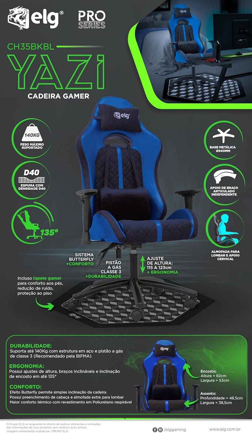 Cadeira Gamer com Tapete Yazi Conforto Premium com Espuma D40, Reclinável, Braços e Encosto Ajustáveis - CH35BKBL ELG - Imagem 3