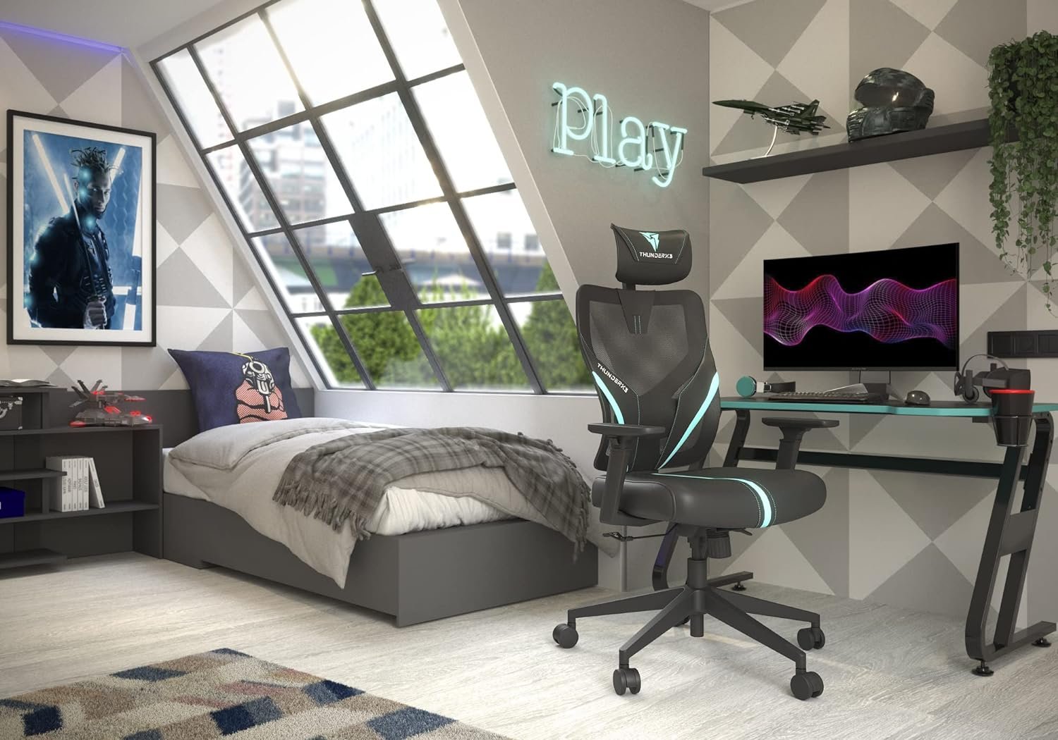 Cadeira Ergonomic Yama1 Preta/Cyan THUNDERX3, Thunderx3, YAMA1 YAMA1, Preta/Cyan - Imagem 2