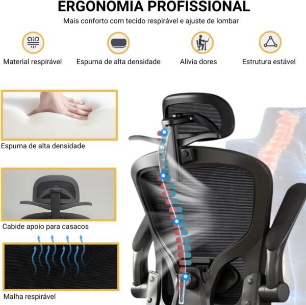 U-STAR Cadeira de Escritório Presidente Ergonômica Cabide Mesh Respirável Ajuste Lombar Preta - Imagem 5