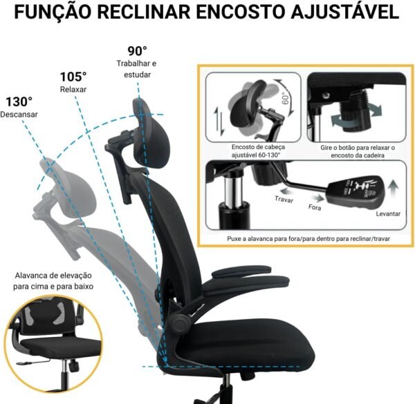 U-STAR Cadeira de Escritório Presidente Ergonômica Cabide Mesh Respirável Ajuste Lombar Preta - Imagem 6