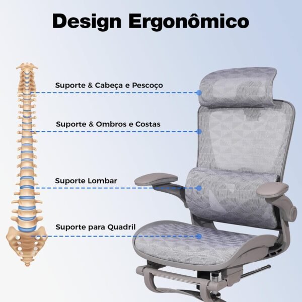 YESOP Cadeira Ergonômica Malha Respirável Apoio Lombar Ajustável Para Cima E Para Baixo Premium Cinza - Imagem 3