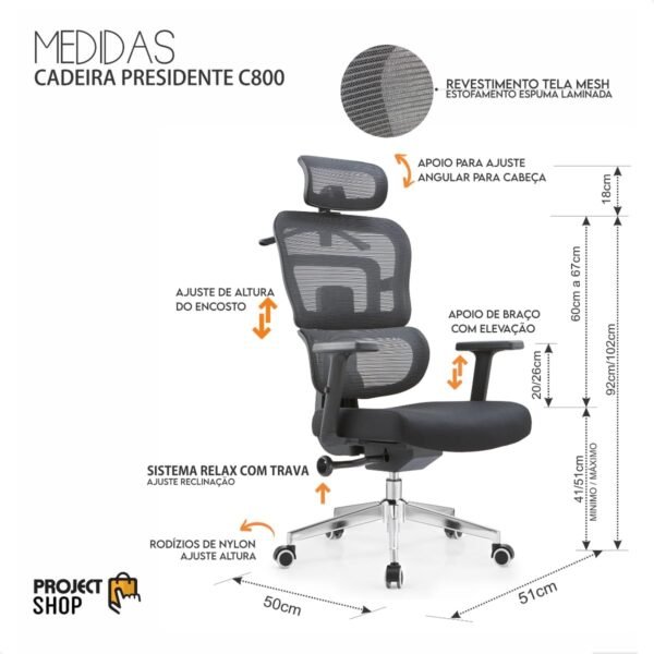 Cadeira Escritório Presidente Office Conforto Ergonomica Apoio Lombar C800 Best - Imagem 2