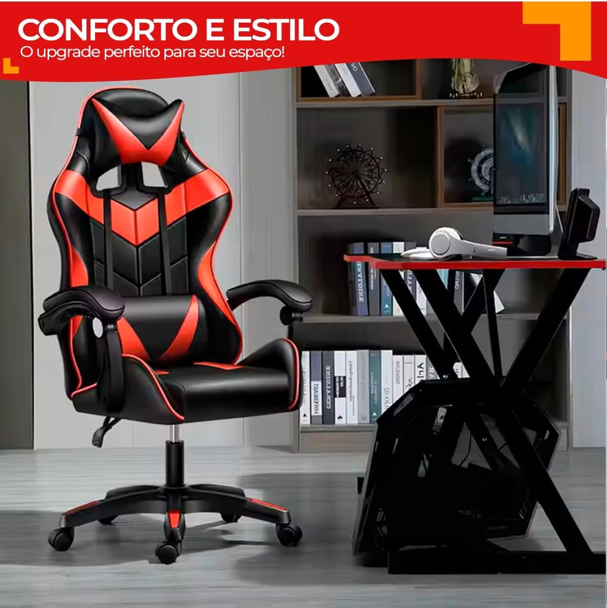 Cadeira Gamer, Escritório, Confortável Ômega (Vermelha/Preta) - Imagem 3