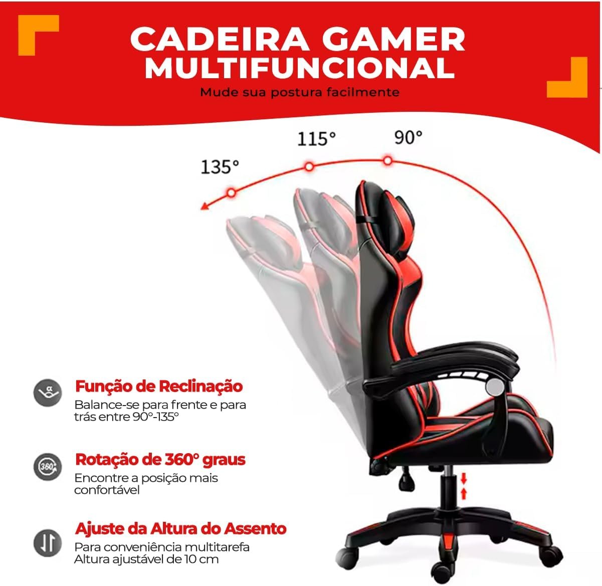 Cadeira Gamer, Escritório, Confortável Ômega (Vermelha/Preta) - Imagem 8