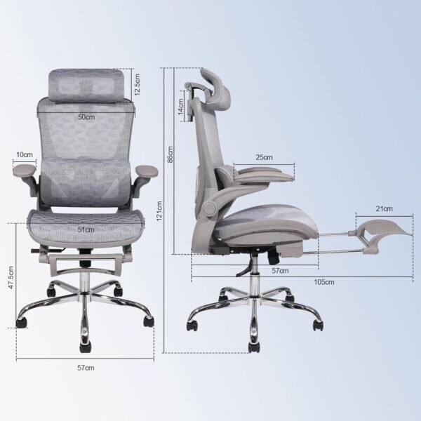 YESOP Cadeira Ergonômica Cadeira Escritorio Suporte de 150 kg com Suporte Lombar Independente, e Encosto de Cabeça Ajustável,e Apoio Retrátil Para Os Pés - Cinza - Imagem 3