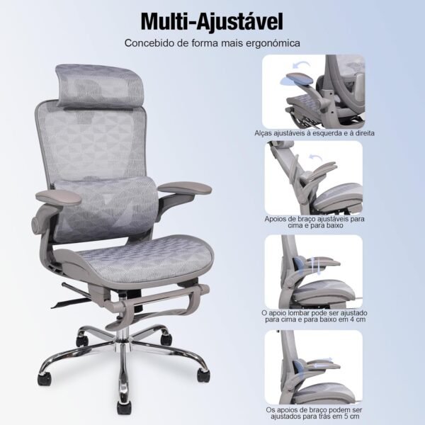 YESOP Cadeira Ergonômica Cadeira Escritorio Suporte de 150 kg com Suporte Lombar Independente, e Encosto de Cabeça Ajustável,e Apoio Retrátil Para Os Pés - Cinza - Imagem 5