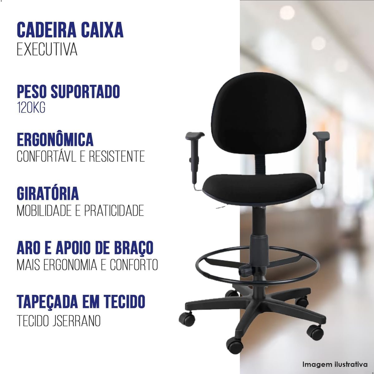Cadeira de Escritório Caixa Alta Executiva Cinza com Rodízio, Braço e Aro – Confortável, Ergonômica e Moderna - Imagem 4