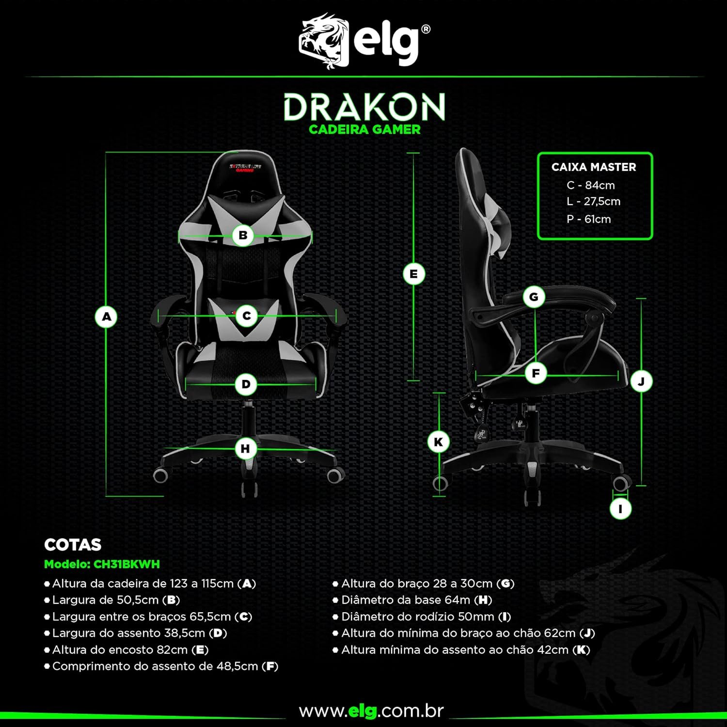 Cadeira Gamer Drakon c/Apoio Dorsal e Cervical - Encosto Reclinável - Apoio de Braços Articulado - Preto/Branco - CH31BKWH ELG - Imagem 7