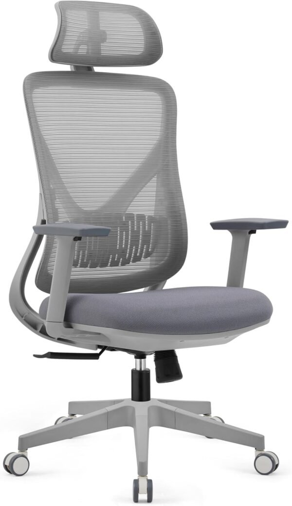 Cadeira de escritório com encosto de cabeça, encosto de malha ergonômica, encosto de cabeça ajustável 2D, apoios de braço 3D, suporte lombar ajustável, almofada de assento grossa (cinza) - Imagem 3