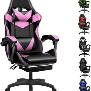 Cadeira Escritório Gamer Ergonômica Reclinável Confortável Com Rodinha E Apoio Para Os Pés(Rosa)