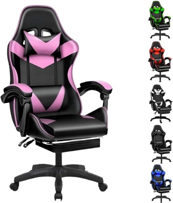Cadeira Escritório Gamer Ergonômica Reclinável Confortável Com Rodinha E Apoio Para Os Pés(Rosa)