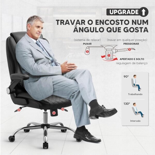 Cadeira Escritório Presidente Premium Preta – Design Ergonômico com Apoio de Cabeça e Suporte Lombar Ajustável – Ajuste de Altura e Inclinação – Base Cromada Reforçada – Yamasoro - Imagem 4