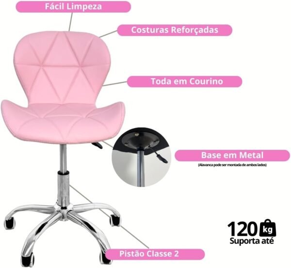 Cadeira Escritório Com Rodas Slim Vegas Base Giratória Estofada Rosa Quartzo - Imagem 3