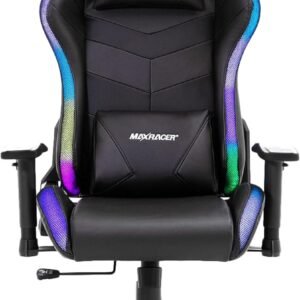 MAX RACER Cadeira Gamer Khroma - Poltronas Gamer de Aço, Cadeira Ergonômica - Assento Luz LED, Suporta 150kg, Braço 2D, Tecido Sintético PVC, Inclinação 135°, Almofada Cervical e Lombar - RGB - Preta