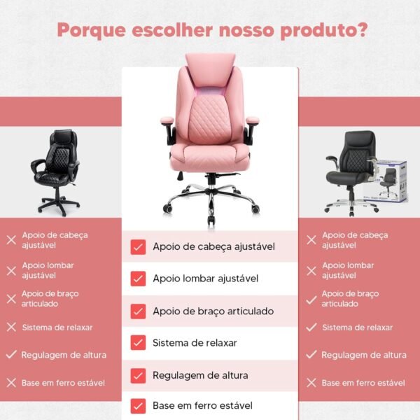 YAMASORO Cadeira Executiva Premium Cadeira Escritorio Presidente Apoio de Cabeça Ajustável e Ângulo do Apoio Lombar Ajustável com Base Cromada, Rosa - Imagem 6