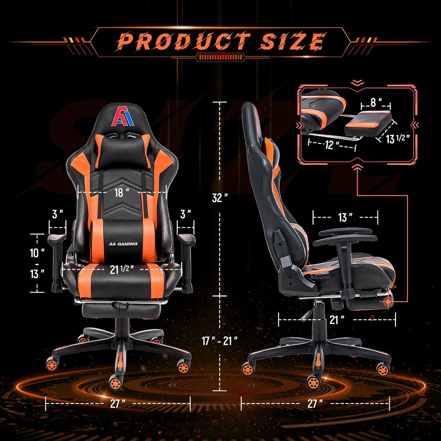 AA Products Cadeira de jogos ergonômica cadeira de corrida de computador com encosto alto ajustável com apoio para os pés, cadeira giratória de suporte lombar - preto laranja - Imagem 3