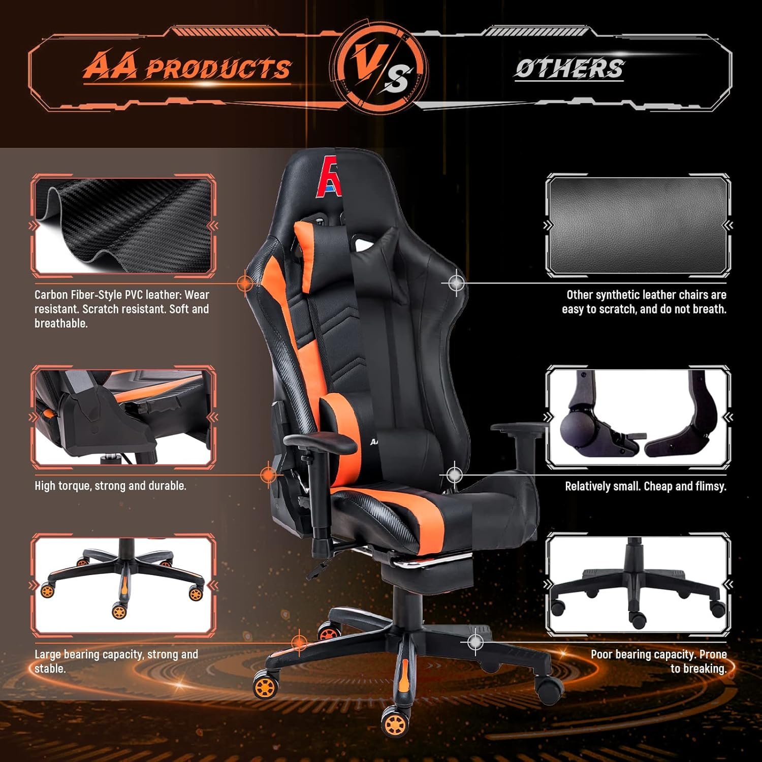 AA Products Cadeira de jogos ergonômica cadeira de corrida de computador com encosto alto ajustável com apoio para os pés, cadeira giratória de suporte lombar - preto laranja - Imagem 6
