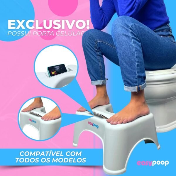 Apoio para os Pés EASYPOOP Banquinho de C cócoras para Vaso Sanitário com Suporte para Celular e Base Antiderrapante - Imagem 3
