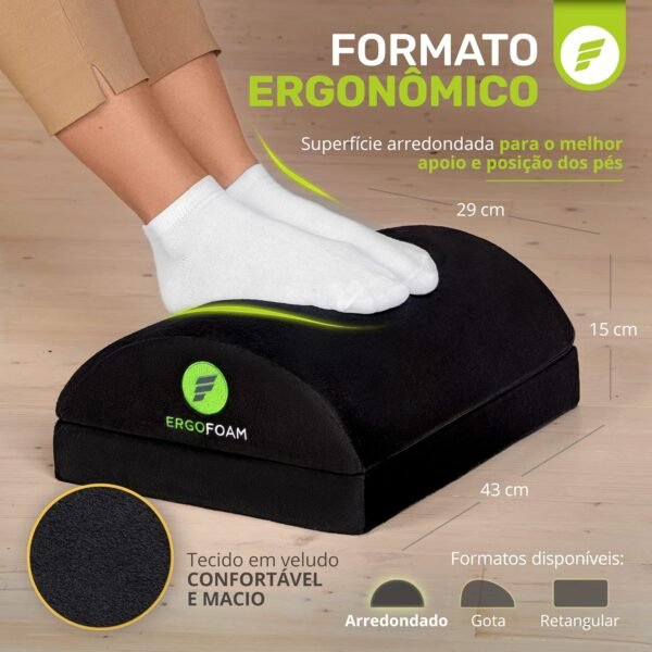 Apoio para os pés ErgoFoam, regulável, preto em espuma Premium macia e aveludada, para uso sob a mesa de trabalho. Alivia dores nos joelhos, costas e lombar - Imagem 3