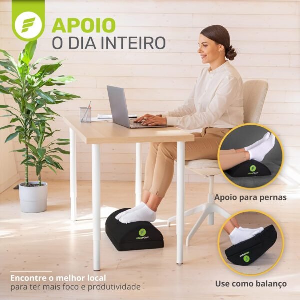 Apoio para os pés ErgoFoam, regulável, preto em espuma Premium macia e aveludada, para uso sob a mesa de trabalho. Alivia dores nos joelhos, costas e lombar - Imagem 5