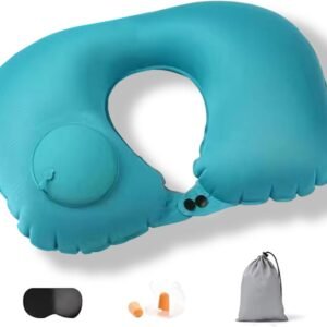 Almofada de Pescoço Inflável para Viagem, Kit com Máscara de Dormir e Protetor de Ouvido, Travesseiro Portátil para Avião e Carro (Verde)