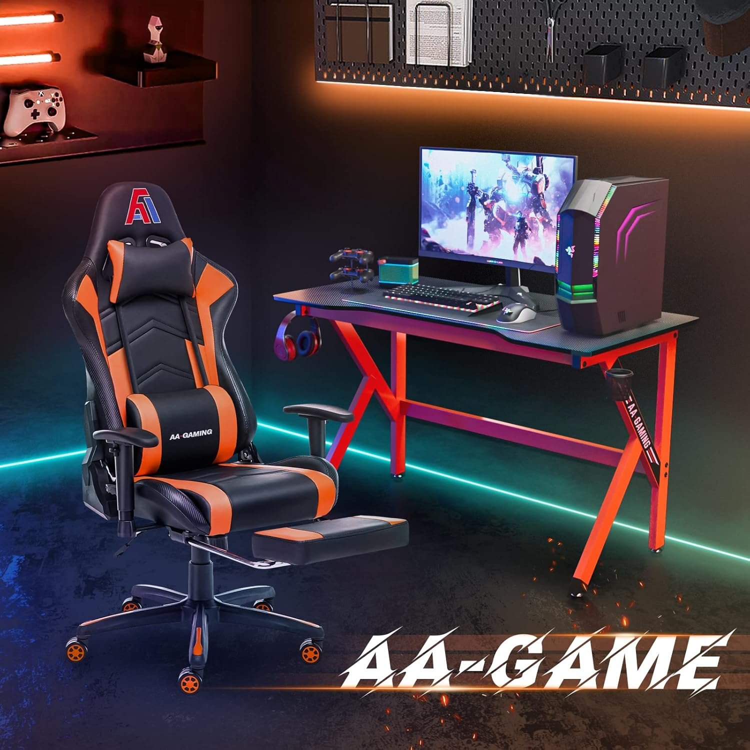 AA Products Cadeira de jogos ergonômica cadeira de corrida de computador com encosto alto ajustável com apoio para os pés, cadeira giratória de suporte lombar - preto laranja - Imagem 2