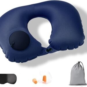 Almofada de Pescoço Inflável para Viagem, Kit com Máscara de Dormir e Protetor de Ouvido, Travesseiro Portátil para Avião e Carro (azul-marinho)