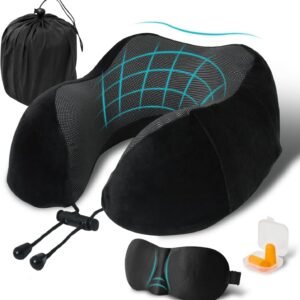 Almofada de viagem, travesseiro de pescoço de espuma viscoelástica para viagem, travesseiro de pescoço em forma de U, kit de viagem portátil de avião, com máscaras de olhos contornadas 3D e tampão de