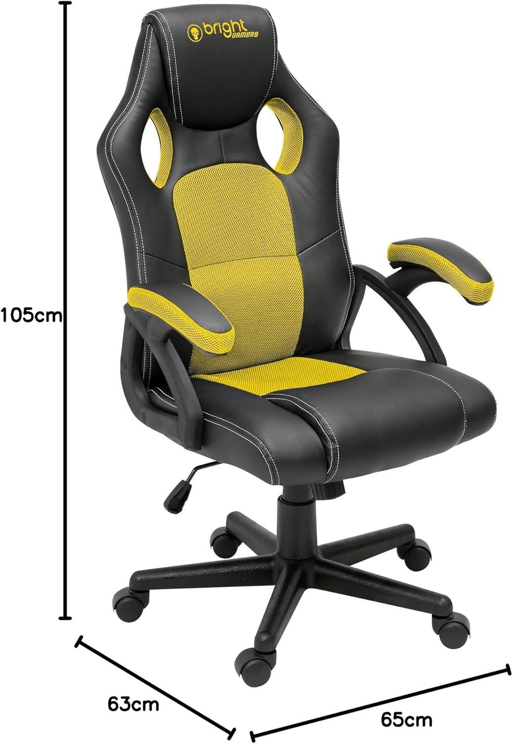 Bright, Cadeira Gamer na cor Preto e Amarelo, Regulagem de Altura, Rodízio em Nylon, Braços de Apoio em Polipropileno com Acolchoado, Possui Inclinação de Amortecimento e 3 Níveis de Altura - Imagem 2