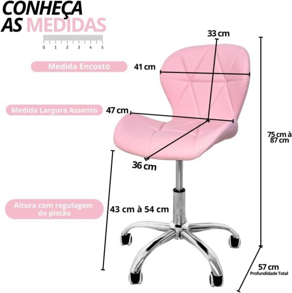 Cadeira Escritório Com Rodas Slim Vegas Base Giratória Estofada Rosa Quartzo - Imagem 2
