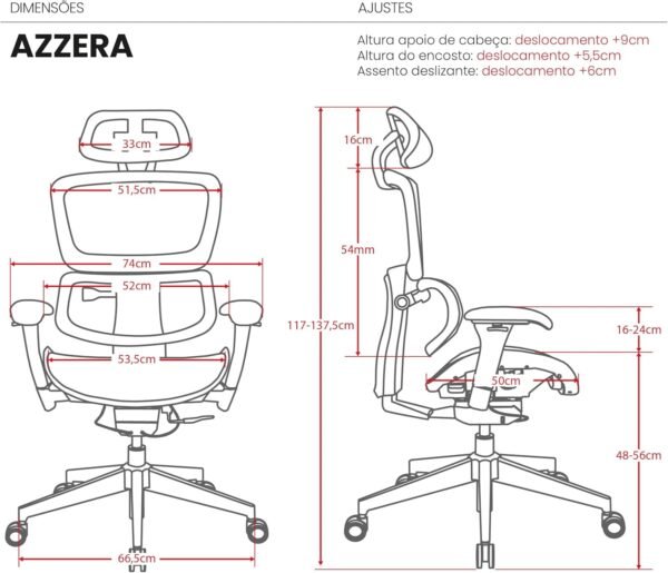 Cadeira Escritório Ergonomica DT3 Azzera com revestimento Mesh Vidartex, apoio de cabeça 2D,braços 3D+,apoio lombar AWS+ajuste na altura do encosto,suporta até 130kg e altura máx.1,85m (Black) - Imagem 2