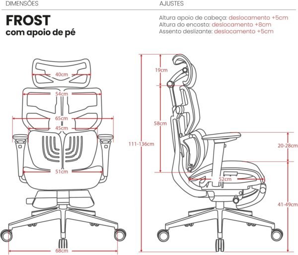 Cadeira Escritório Ergonomica DT3 Frost FT, c/apoio de pé com revestimento Mesh DT3 Vintex-F™, apoio de cabeça 3D,braços 5D,Estrutura em Alumínio+Nylon,suporta até 160kg e altura máx. de 1,90m (Grey) - Imagem 2
