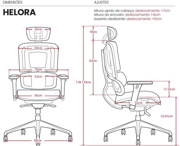Cadeira Escritório Ergonomica DT3 Helora com revestimento Mesh Vidartex™, apoio de cabeça 3D, braços 3D, apoio lombar+ajuste na altura do encosto, suporta até 150kg e altura máx. de 1,90m - Imagem 2