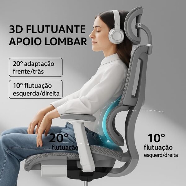 Cadeira Escritório Ergonomica DT3 com revestimento Mesh DT3 Vintex-F™, apoio de cabeça 3D,braços 5D,Estrutura em Alumínio+Nylon,suporta até 160kg (Cinza claro) - Imagem 2