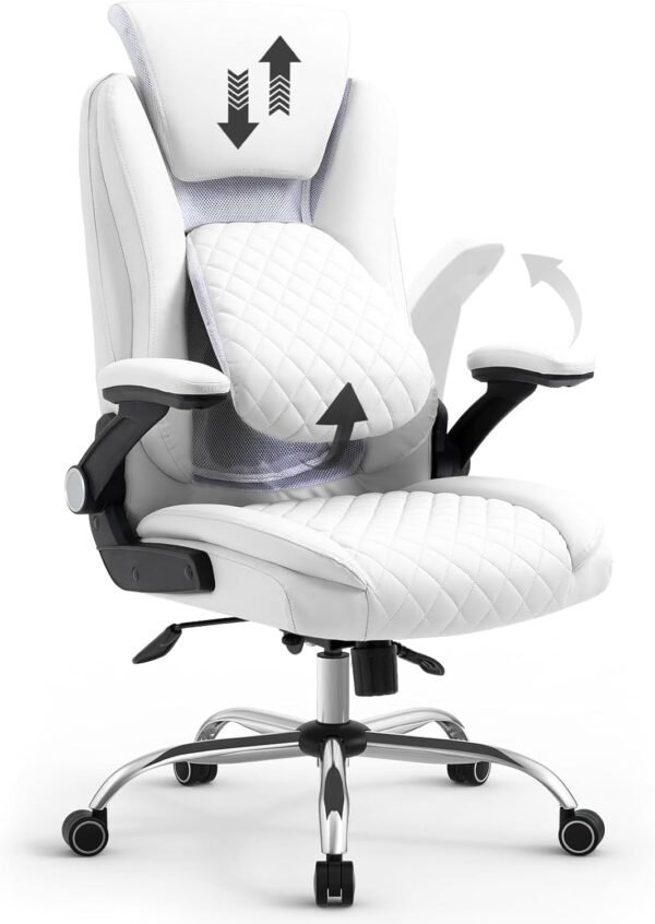 Cadeira Escritório Presidente Premium Branca – Design Ergonômico com Apoio de Cabeça e Lombar Ajustáveis – Regulagem de Altura, Reclinável e Rotação 360° – Base Cromada Reforçada – Yamasoro