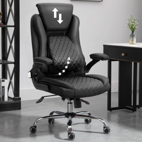 Cadeira Escritório Presidente Premium Preta – Design Ergonômico com Apoio de Cabeça e Suporte Lombar Ajustável – Ajuste de Altura e Inclinação – Base Cromada Reforçada – Yamasoro