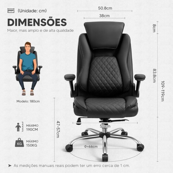 Cadeira Escritório Presidente Premium Preta – Design Ergonômico com Apoio de Cabeça e Suporte Lombar Ajustável – Ajuste de Altura e Inclinação – Base Cromada Reforçada – Yamasoro - Imagem 2