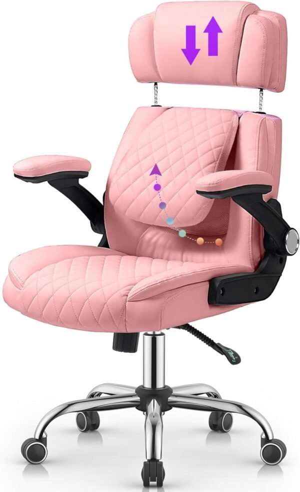 Cadeira Escritório Presidente Premium Rosa – Design Ergonômico com Encosto Reclinável, Apoio Lombar e de Cabeça Ajustáveis – Altura Regulável e Rotação 360° – Base Cromada Reforçada – Yamasoro