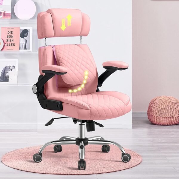 Cadeira Escritório Presidente Premium Rosa – Design Ergonômico com Encosto Reclinável, Apoio Lombar e de Cabeça Ajustáveis – Altura Regulável e Rotação 360° – Base Cromada Reforçada – Yamasoro - Imagem 2