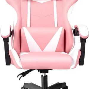 Cadeira Gamer Ergonômica, Giratória 360°, Rosa e Branco, Altura Ajustável, Suporte Lombar, 127cm